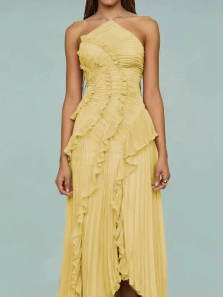 Elegante Halsband Ruches Avondjurk Effen Plooien Een Lijn Lace Up Backless Sexy Feestjurk Nieuwe Feestvakantie Y2k Gewaad ZBA8