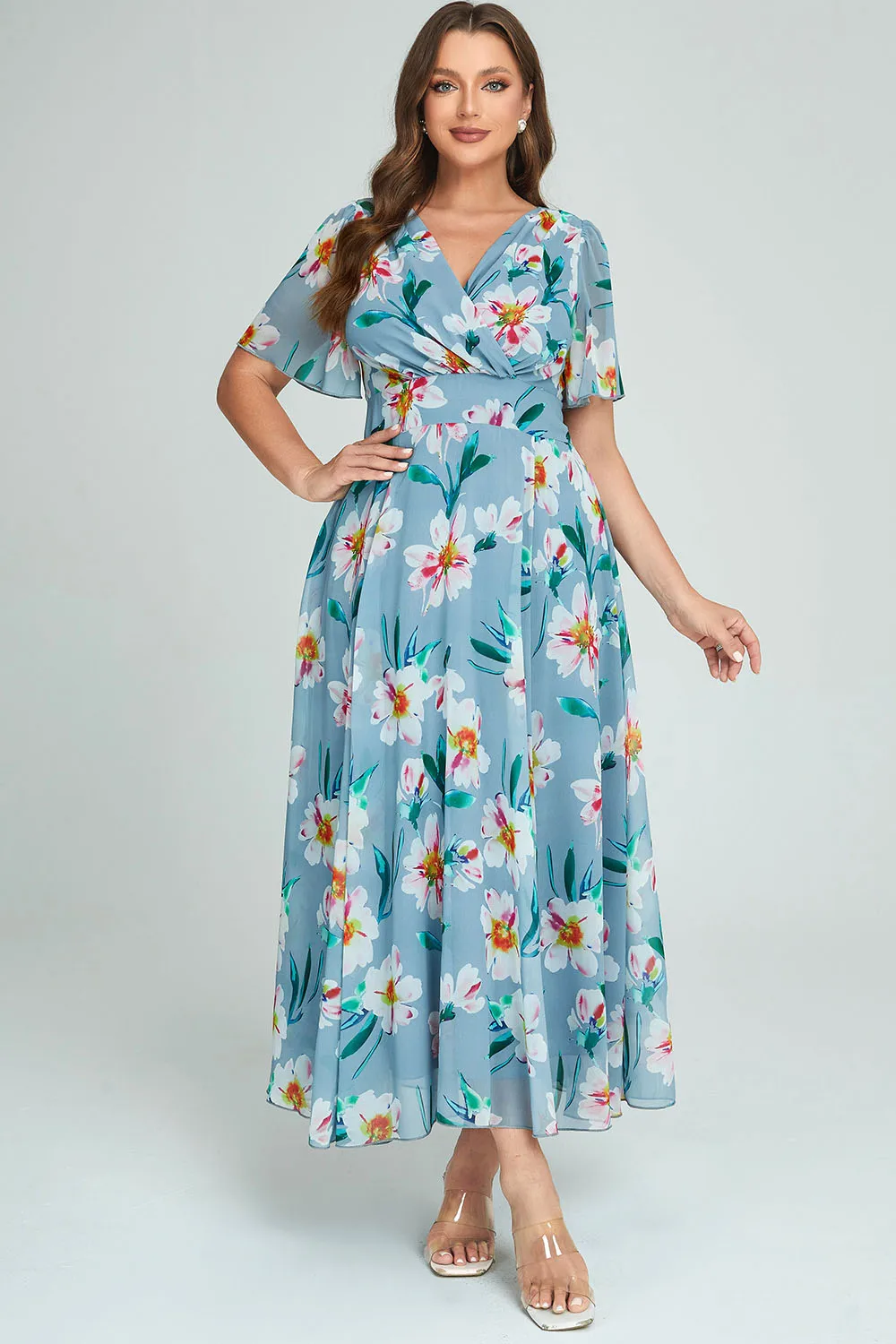 Fashion Flower Chiffon Dress Plus Size Holiday Dress Women V Neck Short Sleeve Floral Print Boho Long Dresses Robe Vestido