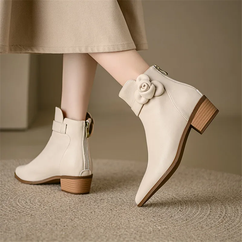 2023 Autumn Genuine Leather Women Boots Pointed Toe Chunky Heel Boots for Women Fashion Ankle Boots Winter Boots Zapatos Mujer