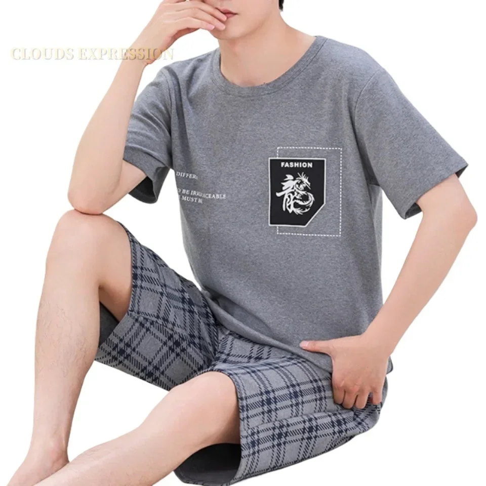 Summer 4XL Knitted Cotton Short Sleeved Men\'s Pajamas Sets Male Pajama Set Plaid Pajama For Men Sleepwear Suit Homewear Size