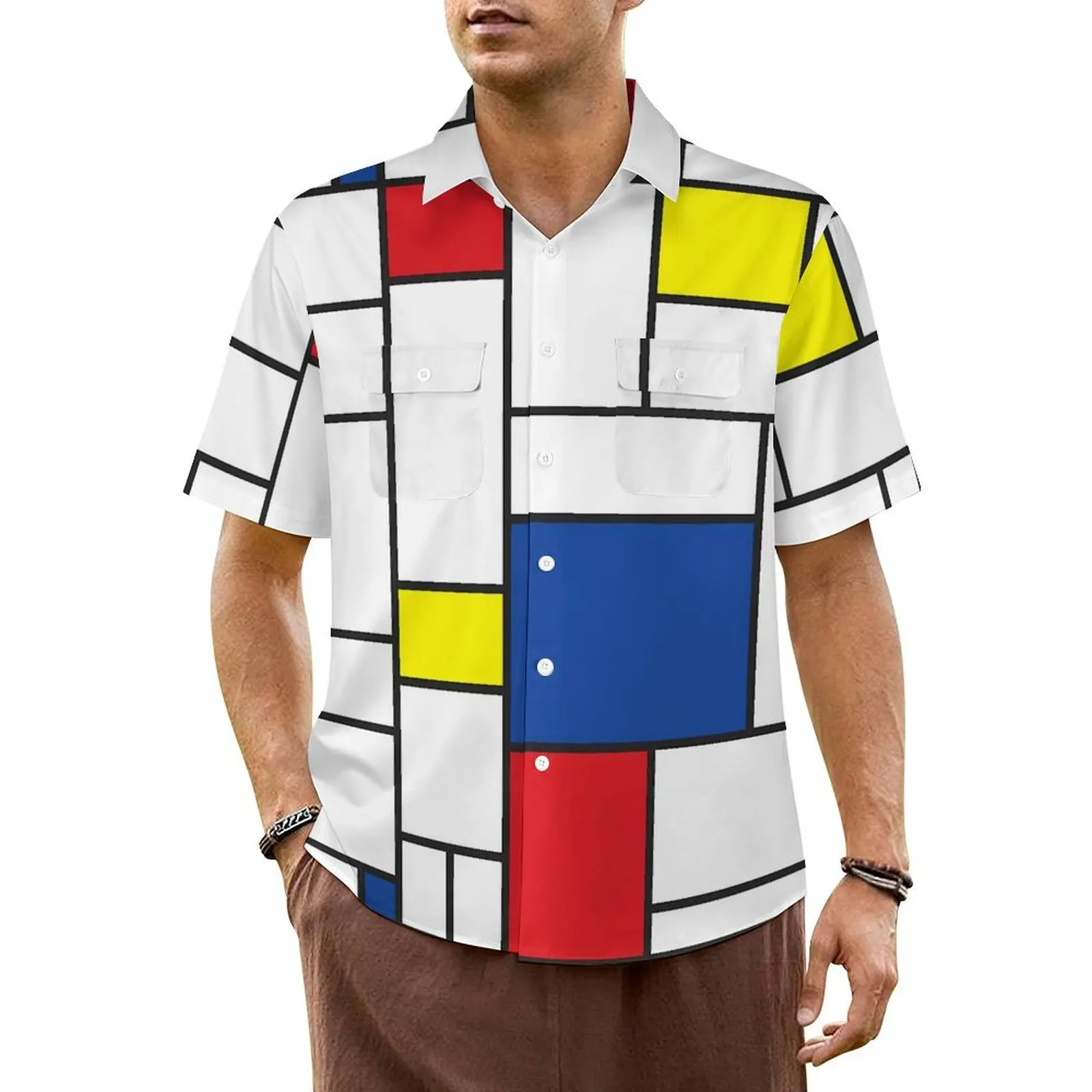 

Geometric De Stijl Casual Shirt Modern Art Retro Hawaiian Shirts Mens Short Sleeves Vacation Y2K Funny Graphic Oversized Blouses