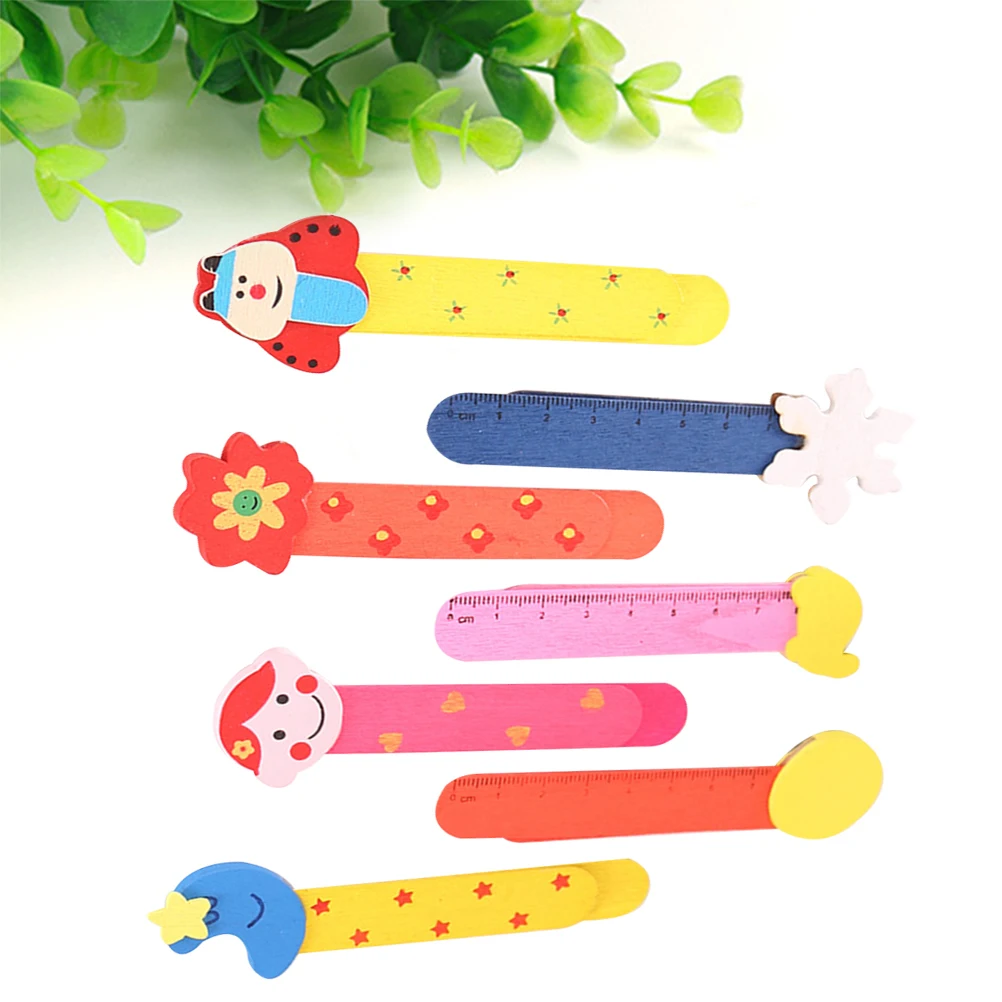 Mini regla de madera con patrones de dibujos animados para niños, marcador portátil para libros, regalos, estudiantes, 10x3x2cm, 10 Uds.