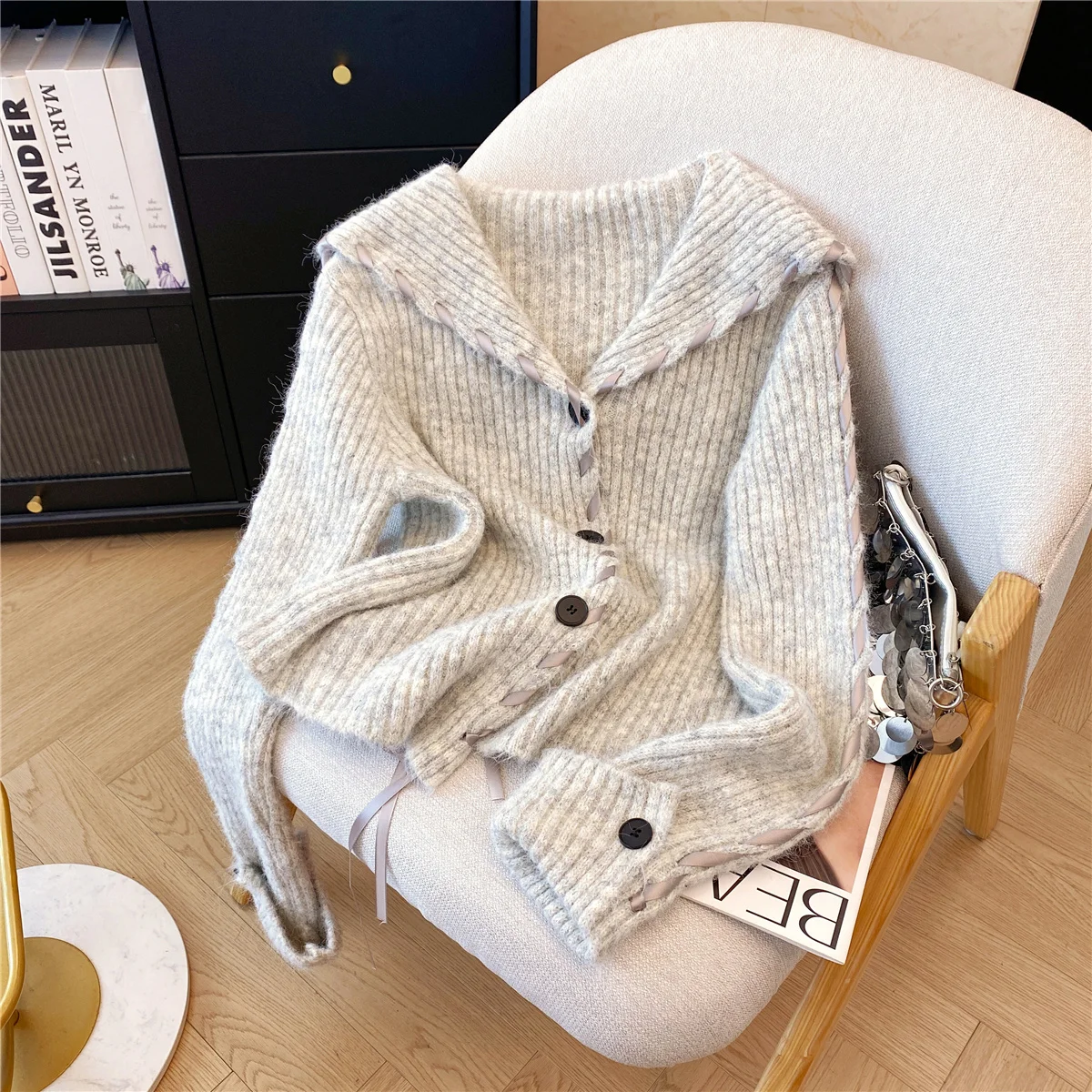 

Women Grey Cardigan Sweater Korean Style Long Sleeves Turn-down Collar Cashmere Sweater Vintage Knitwear Y2k 2000s Clothes 2025