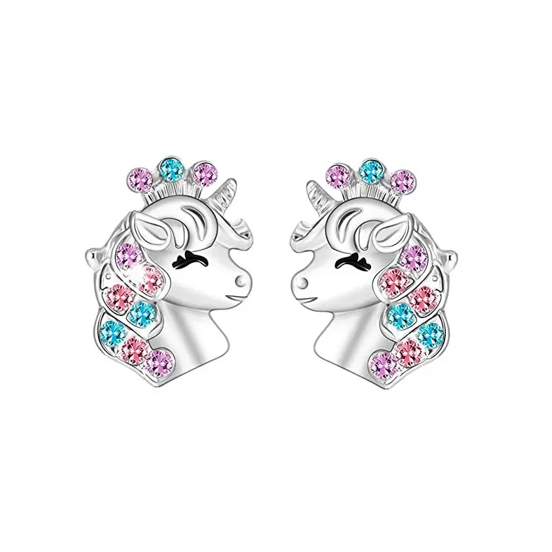 Xingyunday Cute Unicorn Rainbow Stud Earrings for Kids Girls Colorful Zircon Animal Ear Stud Fashion Silver Color Jewelry Gifts