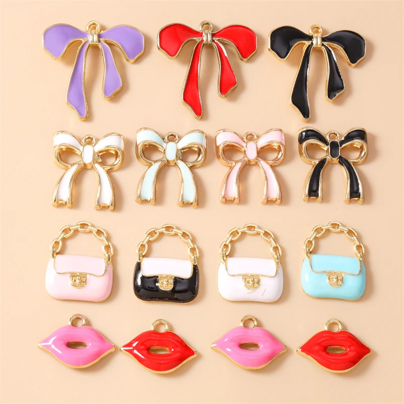 10 Stück niedliche, bunte Emaille-Anhänger in Form von Schleifen für Handtaschen, zum Basteln von Ohrringen, Halsketten, für DIY-Bastelarbeiten und als Schmuckzubehör. – Detail 1