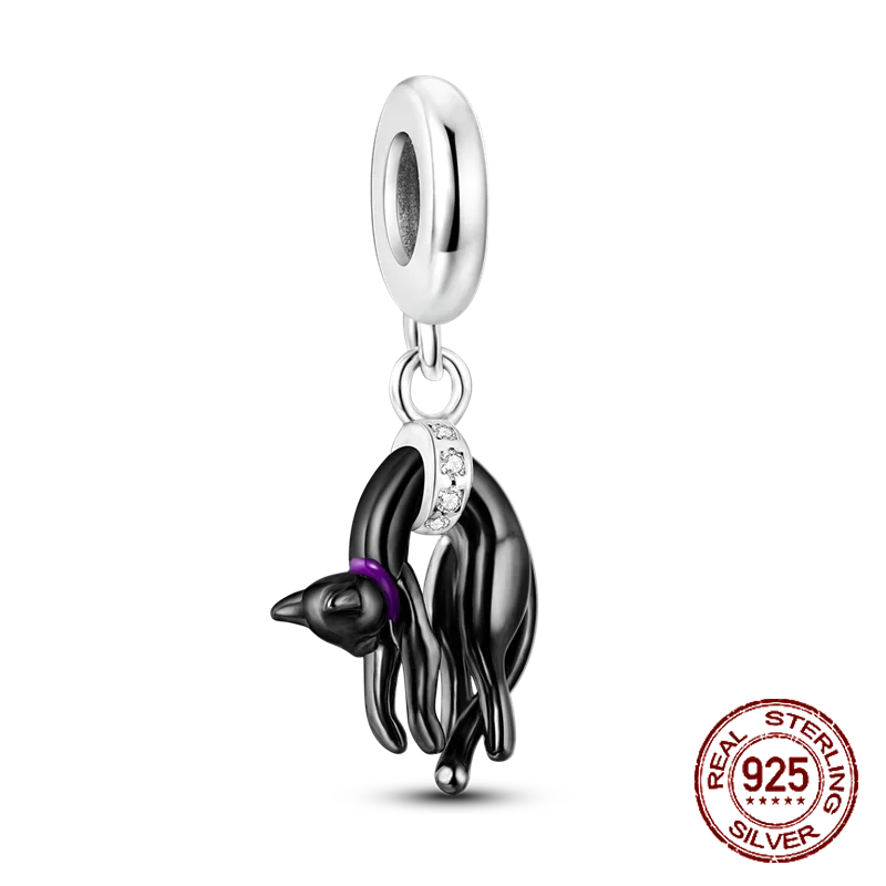 Breloques de collection de chat noir en argent regardé 925 pour femme, perles, pendentif empreinte de patte, convient au bracelet Pandora original, cadeau de bijoux à bricoler soi-même