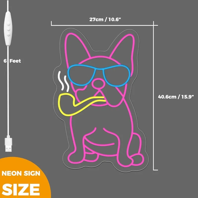 iPuppy Cool French Bulldog Neon Sign for Wall Decor Sm0king Frenchie Wearing Glasses LED Neon Lights Fench Bulldog Accessories