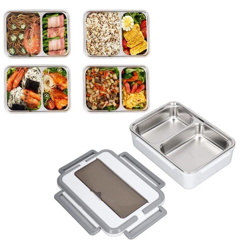 2 Grid Electric Lunch Box Gray White Double Handles Water Free Pluggable Low Noise Heating For Travel Home