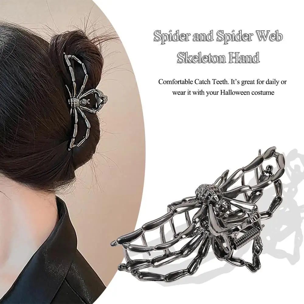 Spinnennetz-Schädel-Haarspange für Frauen und Mädchen, Skelett-Hand-Haarnadel, Punk-Haarschmuck im Metall-Stil als Party- und Cosplay-Geschenk – Detail 5