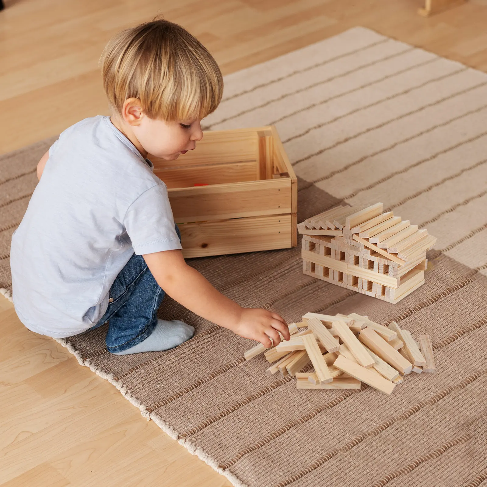 100 pièces de bâtonnets de construction en bois, finition naturelle, blocs pour enfants, jeu pratique, développement de la motricité fine, bandes de bois