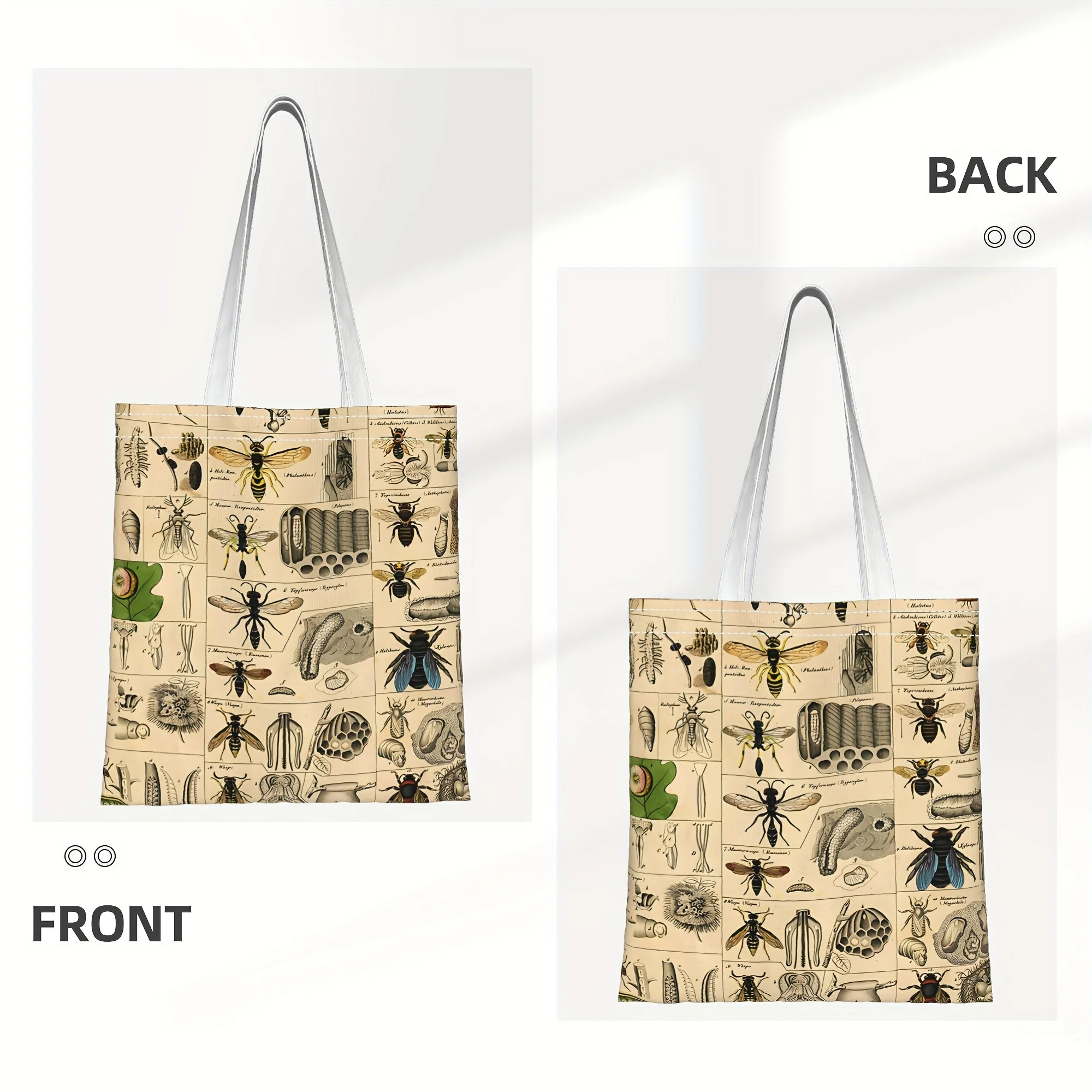 A Insect and Butterfly Educational Pattern print canvas tote bag, suitable for daily use, shopping, school, and travel