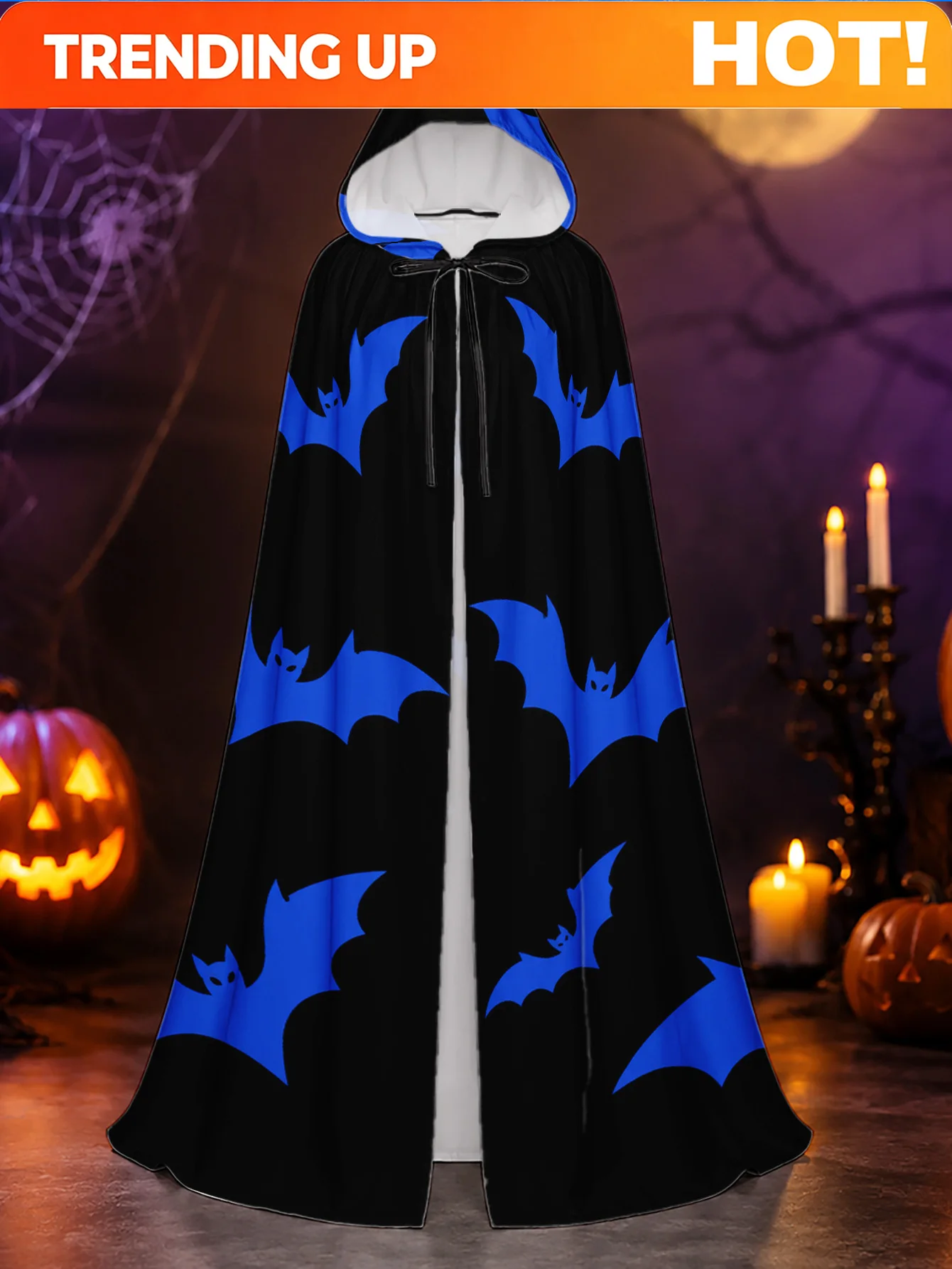 Customization 1pc, Halloween And Christmas Themed Hooded Robe With Blue Bats On Black Elements, Durable Polyester Cape For Adult