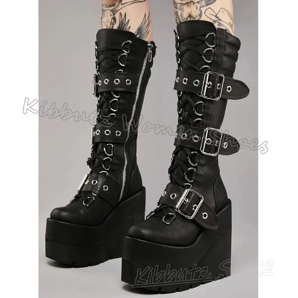 Platform Knee High Boots Leather Solid Color Leather Belt Buckle Lace-Up Women Shoes Round Toe Thick Bottom Fashion Novelty New