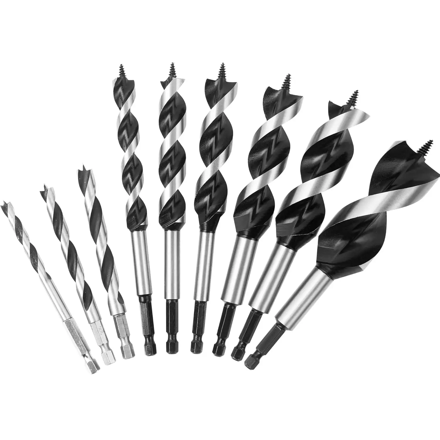 

9Pcs Auger Drill Bit Set for Wood, 2 Flute Impact Wood Drill Bits with Hex Shank, 1/4" to 1-1/4" Sizes for Hardwood and Softwood