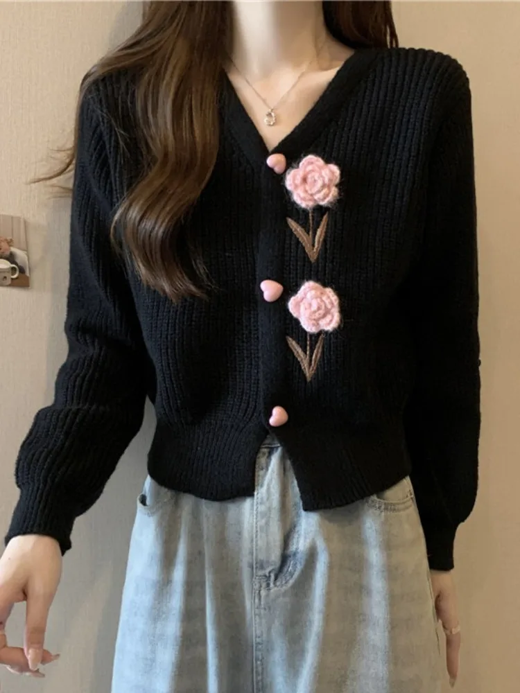 Black V-Neck Knitted Cardigan Short Style Women's Outerwear Heavy Embroidery Spring Season Sweater Base Shirt Sweet Style