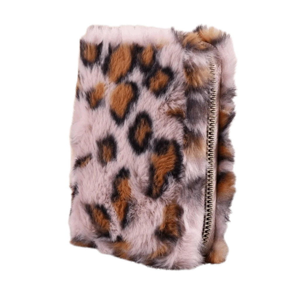 Cute Furry Leopard Print Coin Purse Soft Large Capacity Zipper Wallet Multi-Card Slot Travel Organizer Storage Bag Cosmetic