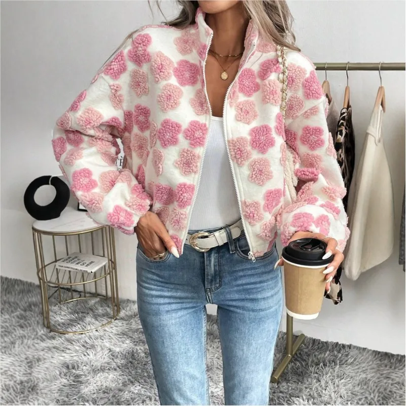 Damen-Herbst- und Winterjacke, warm, mit Stehkragen, Reißverschluss, langen Ärmeln, kurzer Mantel, niedliche Teddyjacke mit Aufdruck.