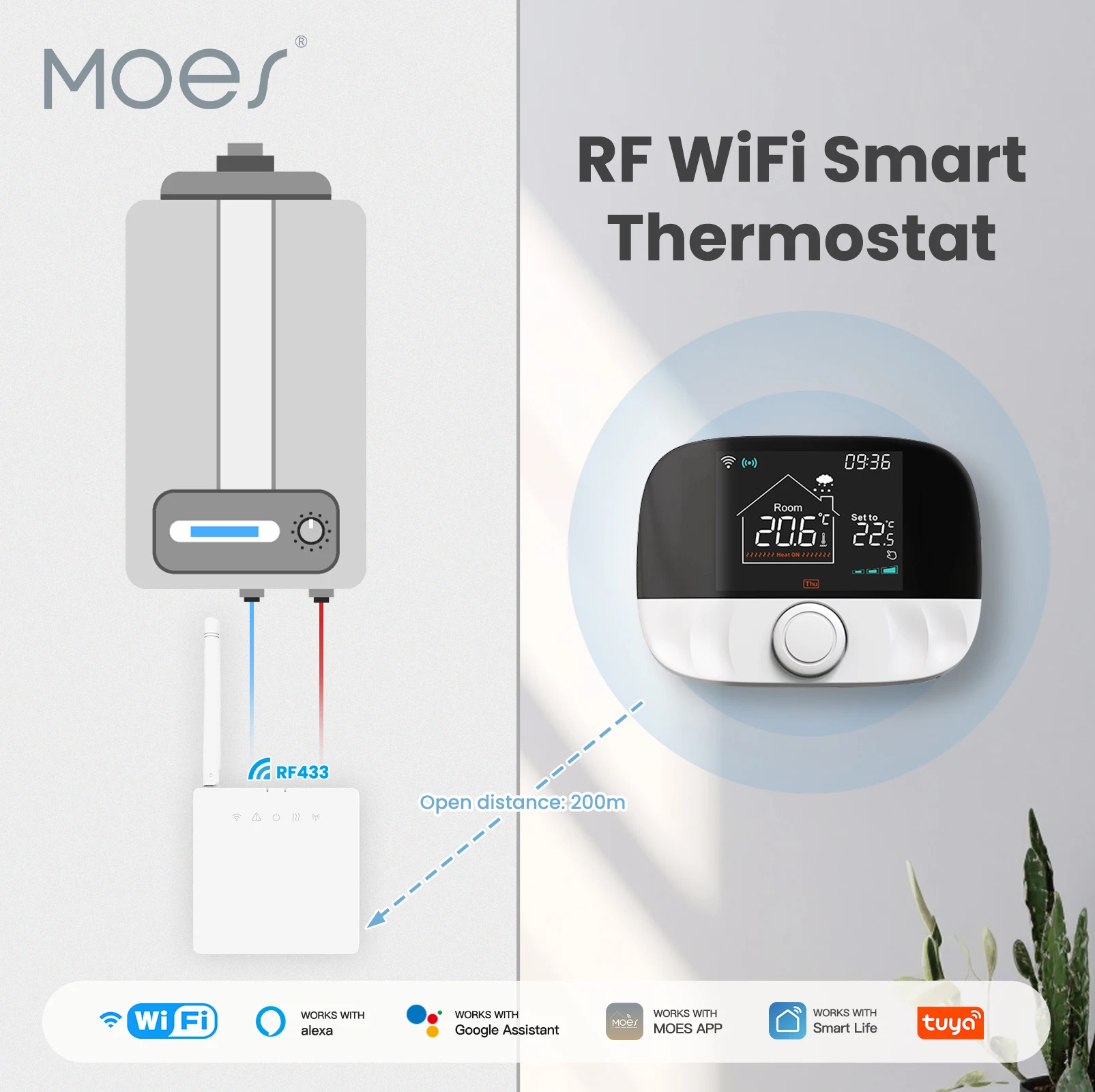 Wifi Smart Thermostat RF433 & APP Remote Control Transmitter Receiver Equipped Knob Button Control Work With Alexa Google Home