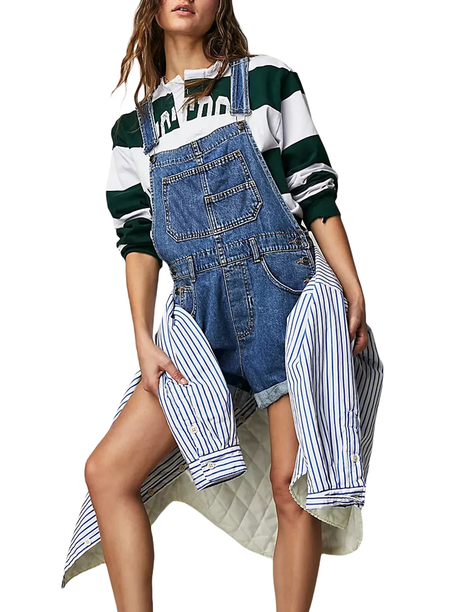 Vrouwen Denim Overall Jumpsuit Streetwear Outfits Esthetische Rompertjes Playsuits Mouwloze Verstelbare Bandjes Effen Kleur Rompertjes