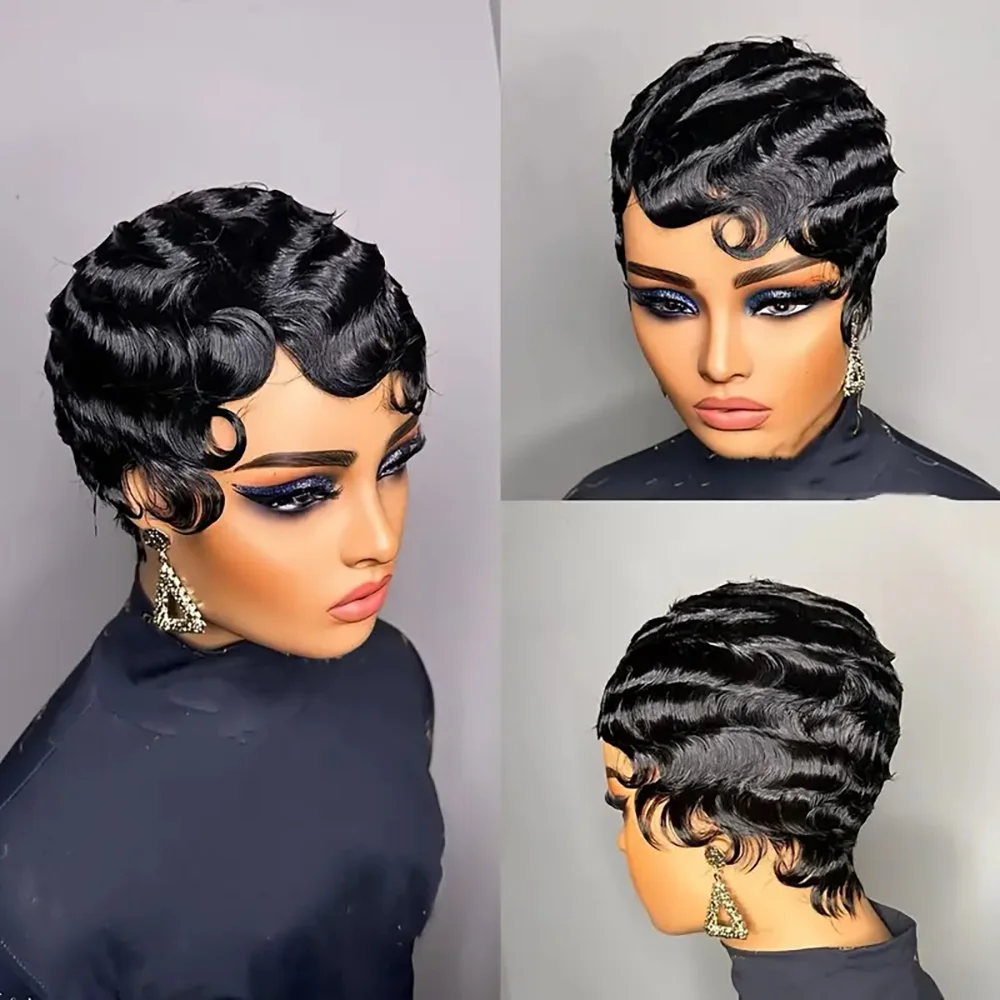 Perruque de Cheveux Humains Courts et Ondulés, Brun, Coupe Pixie, Style Océan, pour Femme