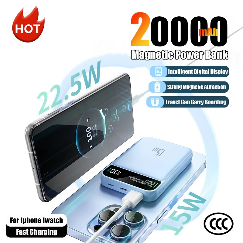 

Портативная магнитная беспроводная зарядка 20000 мАч для мобильных устройств с двунаправленной поддержкой быстрой зарядки для IWatch IPhone Samsung