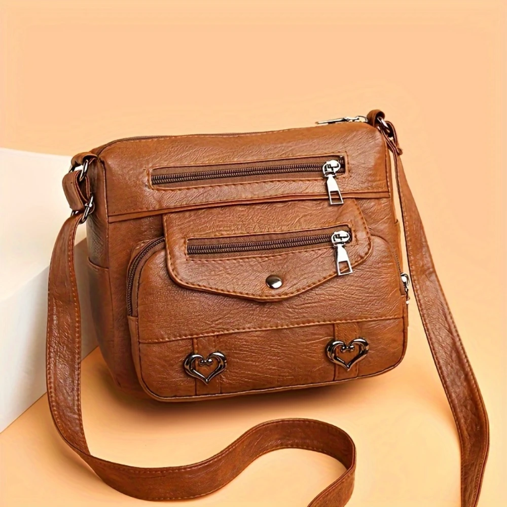 Durable PU Leather Multi-Pocket Shoulder Bag Vintage Multi Pocket Crossbody Bag, Retro Shoulder Bag, Women's Casual Handbag