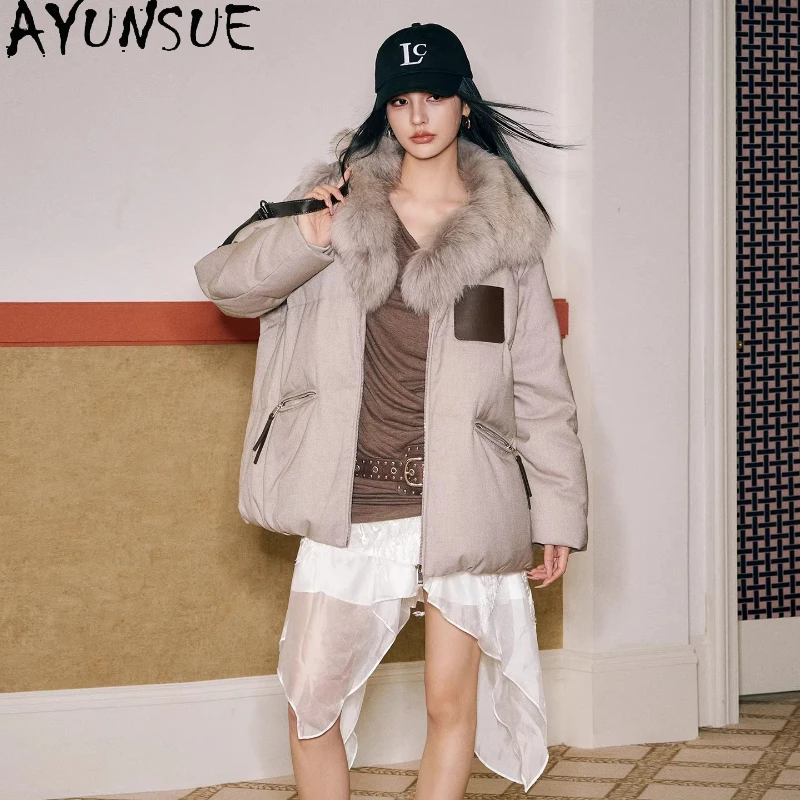 

AYUNSUE Women's Down Coats and Parkas Fox Fur Collar Stylish Outerwears White Goose Down Jacket Woman Clothes Winter Doudoune