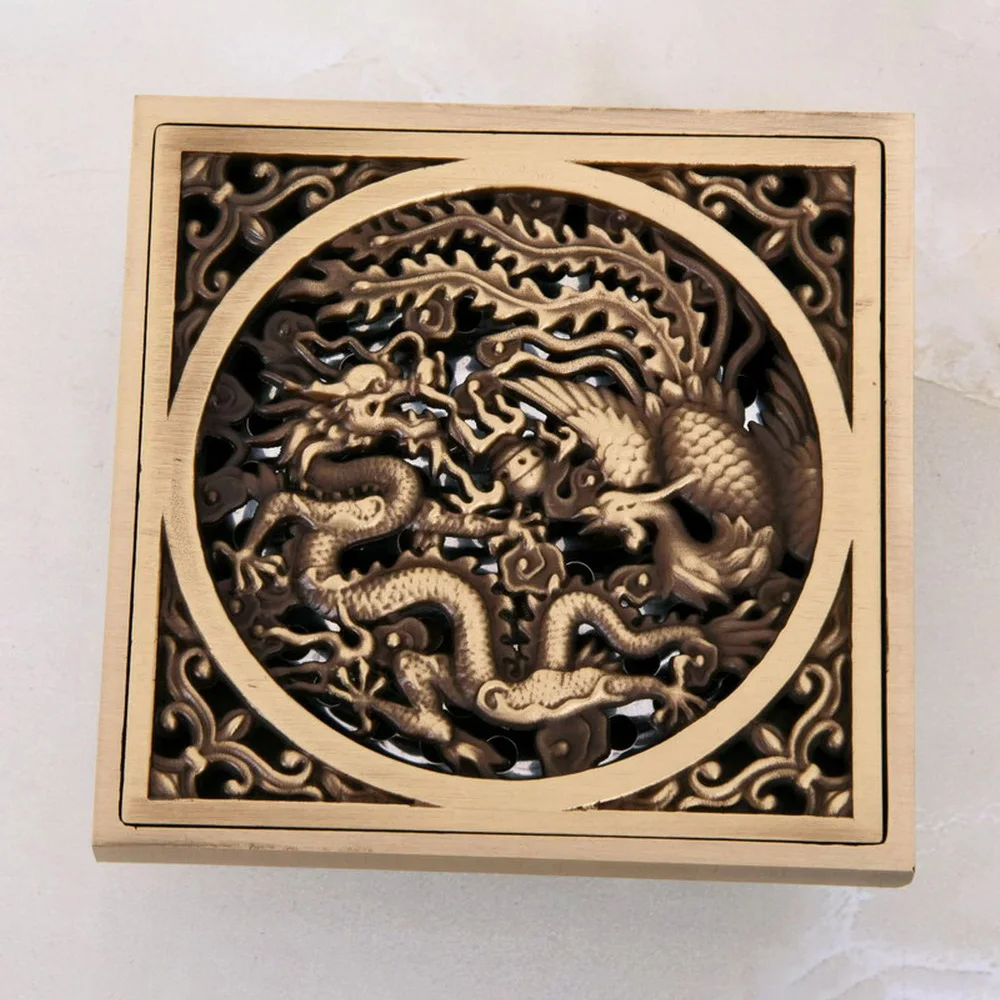 Antique Brass Carved Bird Animal Pattern Bathroom Shower Drain 4