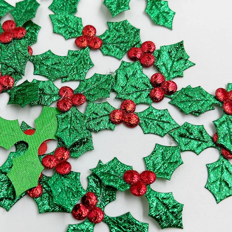 60pcs Glitter Green Holly Leaf and Red Berry Cloth Applique for Christmas Decoration, Table Decoration A399