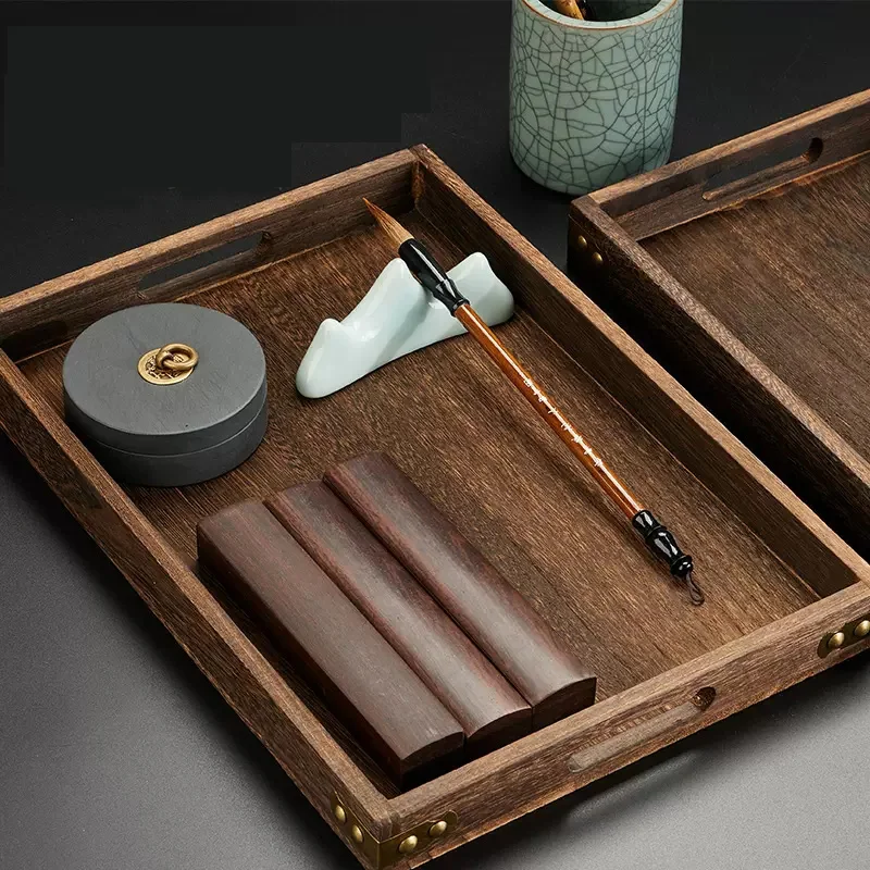 Chinese Calligraphy Painting Wooden Tray, Storage Organizer for Paperweight inkstone, Drawing Brush Holder, Art Supplies