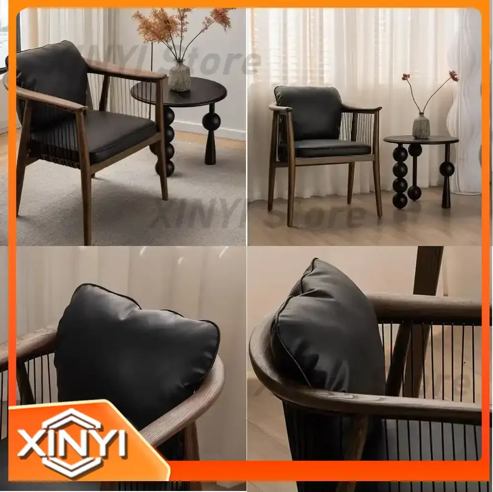 Luxury Wabi-Sabi Single Sofa Chair for Living Room Hostel Hotel Reception Use Solid Wood Iron Frame Leather Upholstery