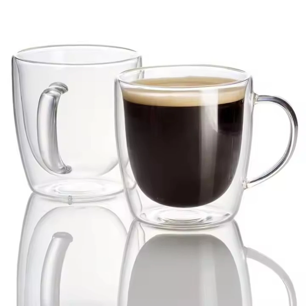 

Coffee tea cup double wall borosilicate transparent glass cup glass hot milk cup With Handle 40oz Glossy