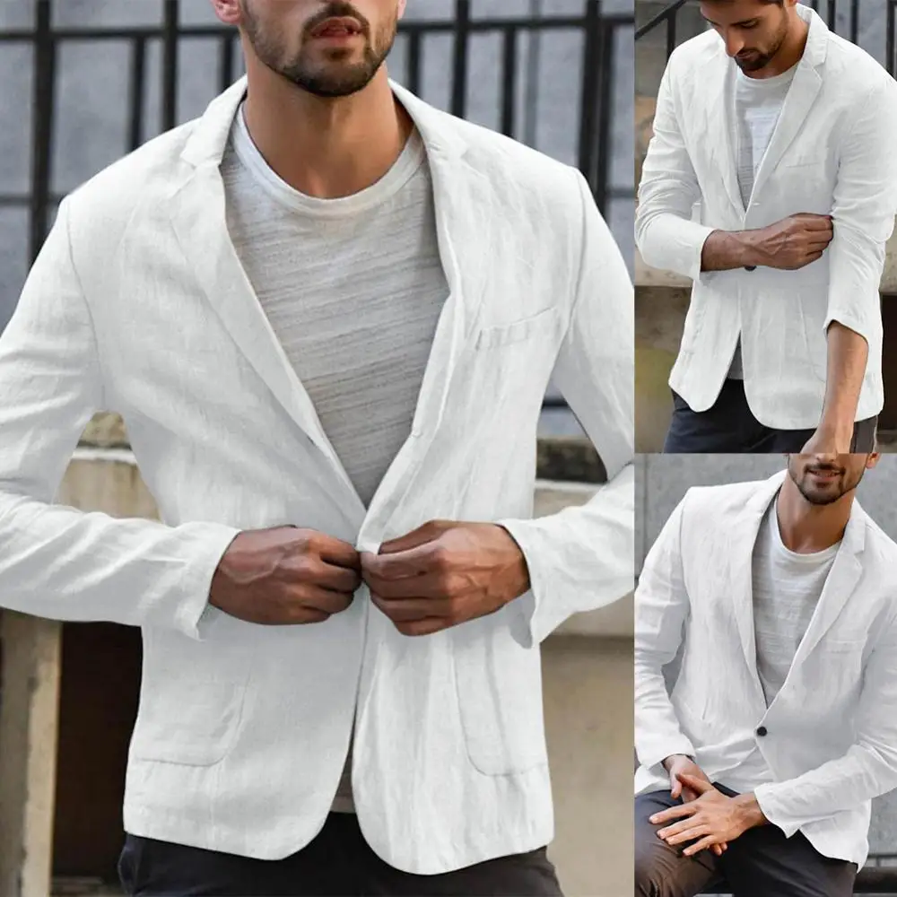 Pockets Jacket Slim Men Blazer Long Sleeve Solid Color Male Autumn Coat Cotton Linen Plus Size Blazers Mens Wedding Hot 3XL