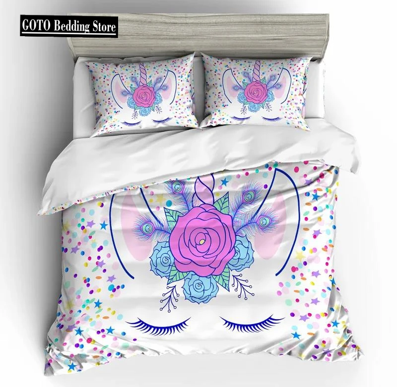 

Girls Unicorn Duvet Cover Set Full Queen Size Comforter Cover Kids Bedding Set Cartoon Soft Microfiber Bedspread Cover Pink Rose