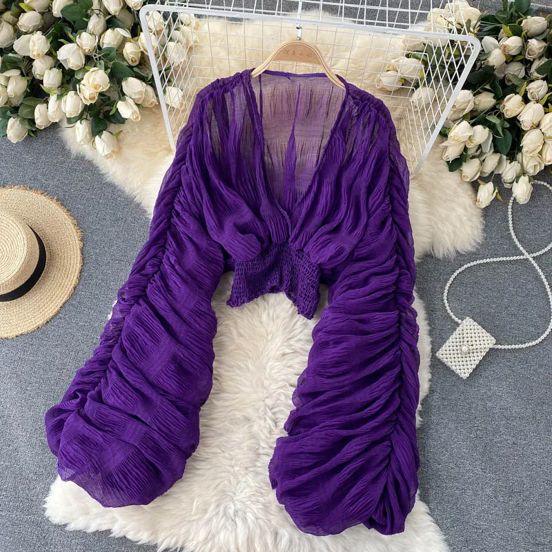 Women Sexy Chiffon Short Blouse Female See Through Super Long Sleeve Blusas Purple/Green/Black/White Folds Party Tops 2022 New