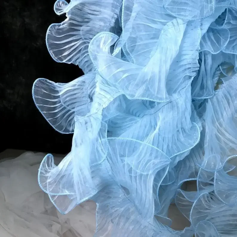1 meters 3D Pleated Organza Lace Trim off white light blue ruffled Ombre lace Trim  Wedding Gown, Party decoration, 3.5