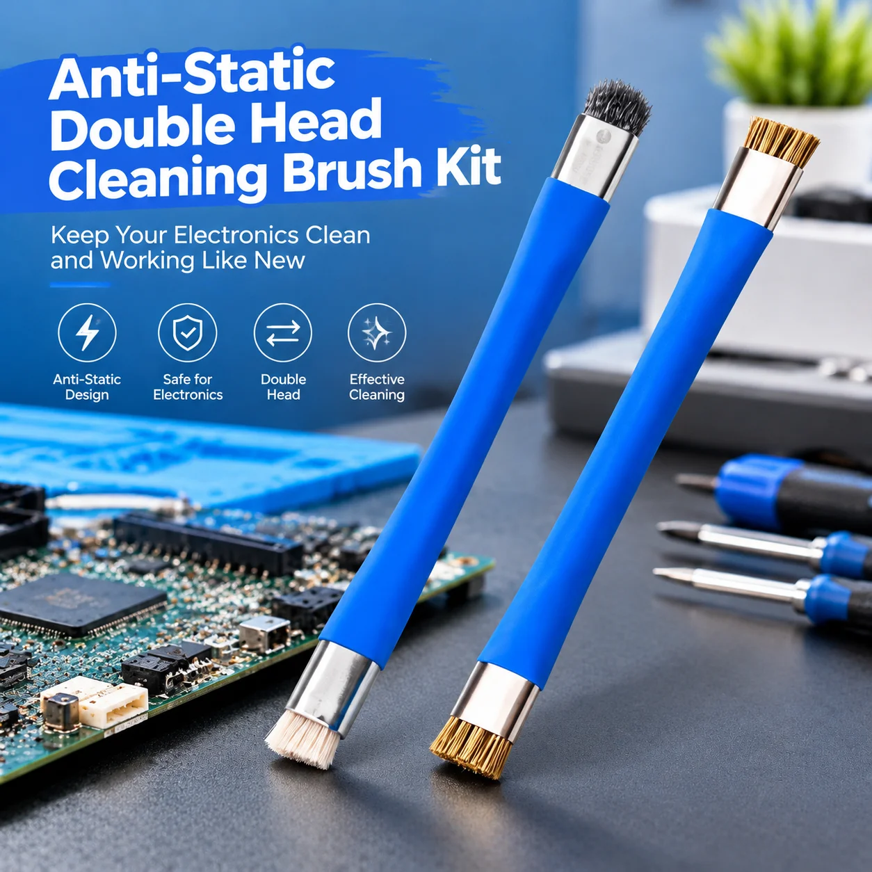Antistatic Double-Head Cleaning Brush Kit for PCB, Motherboard & Mobile Phone Repair - Electronics Cleaning Tools with Tips