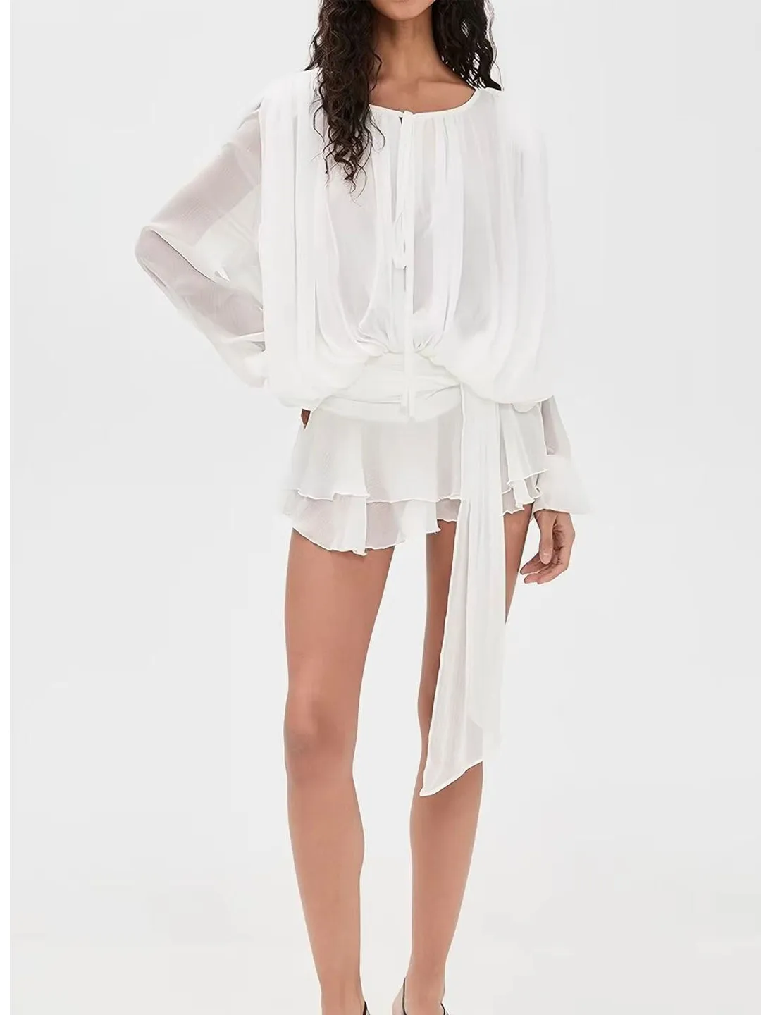 Fashionable Spicy Girl Pleated Mesh Silk Lantern Sleeve Long Sleeve V-neck Belted Chiffon Drawstring  Dress Commute Style