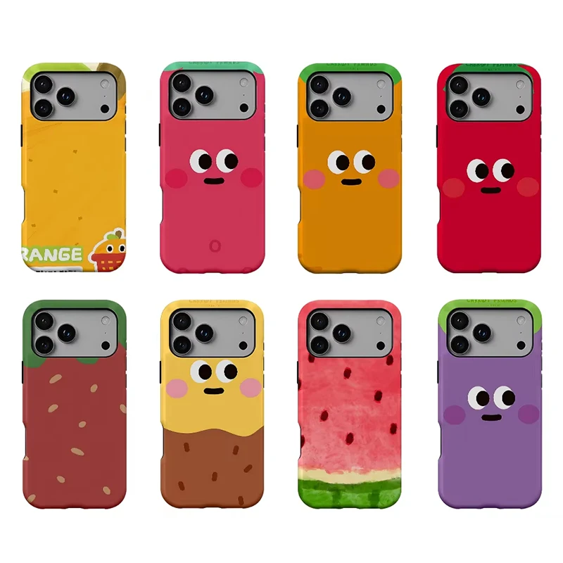 Coque de téléphone double couche motif fruits colorés et expressions de dessins animés coréens pour iPhone 17 Air 16e 16 Pro Max 15 14 Plus 13 12 11