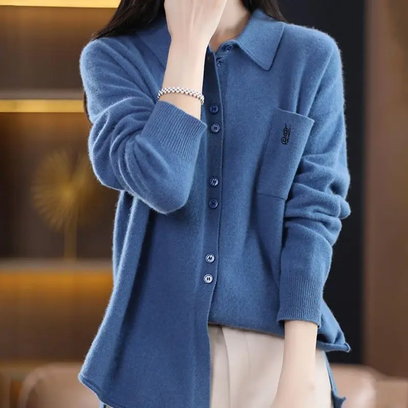 High End Women's Knitted Cardigan POLO Collar Embroidered Spring and Autumn New Style Front Short Back Long Loose Lapel Sweaters