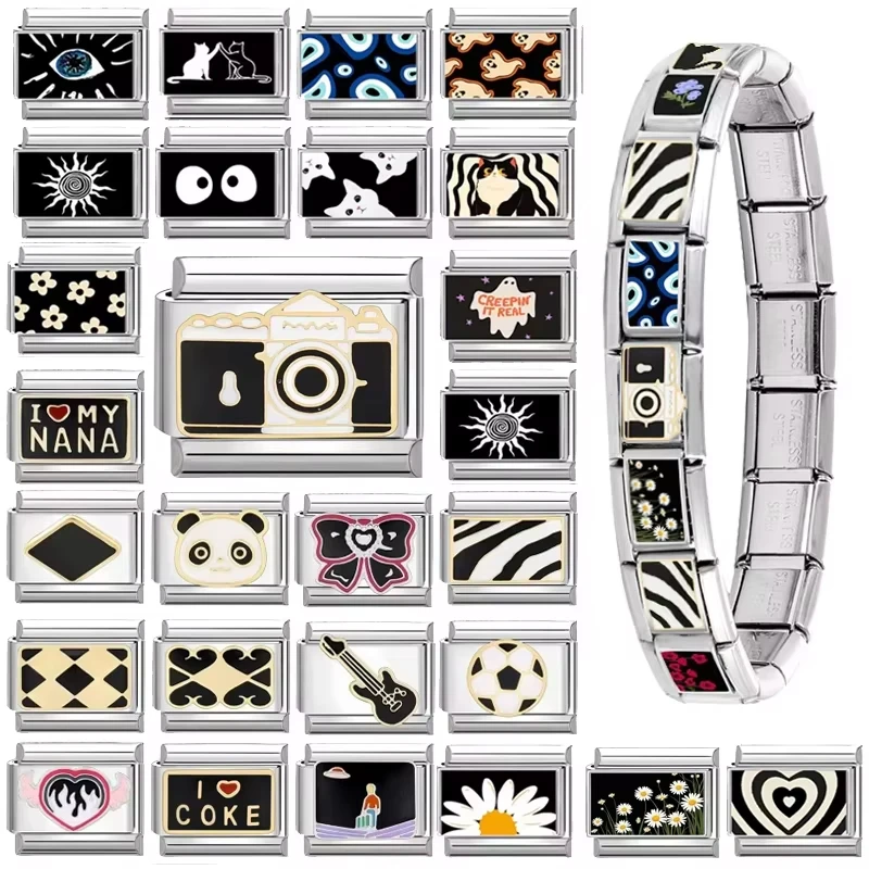 Personalized DIY Black Silver Color Italian Charm Bracelet Camera Guitar Zebra Stripes Bead 9mm Bracelet Stainless Steel Jewelry