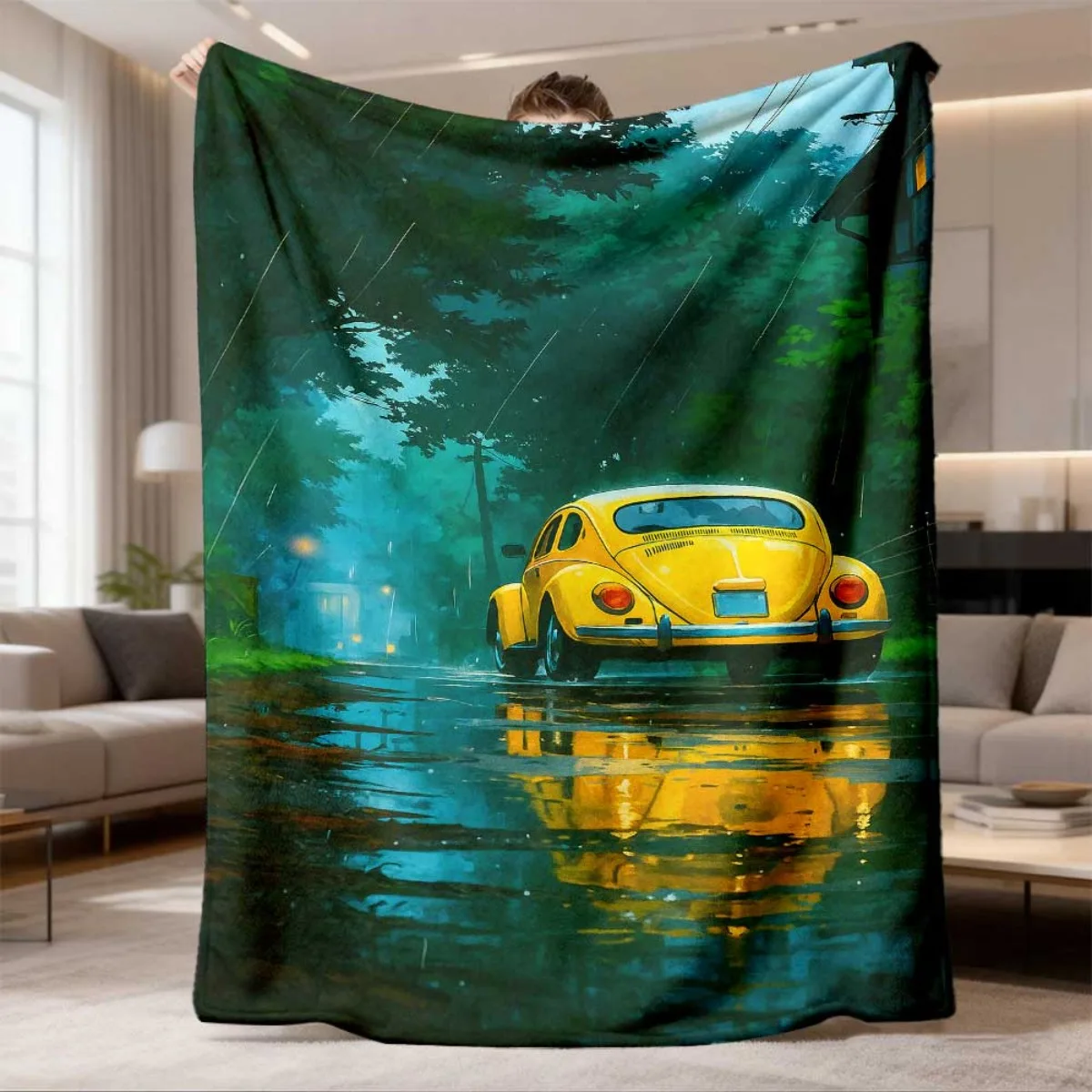 Vintage Yellow VW Beetle Car Scene Throw Blanket Cozy Home Decor Gift for Car Lovers