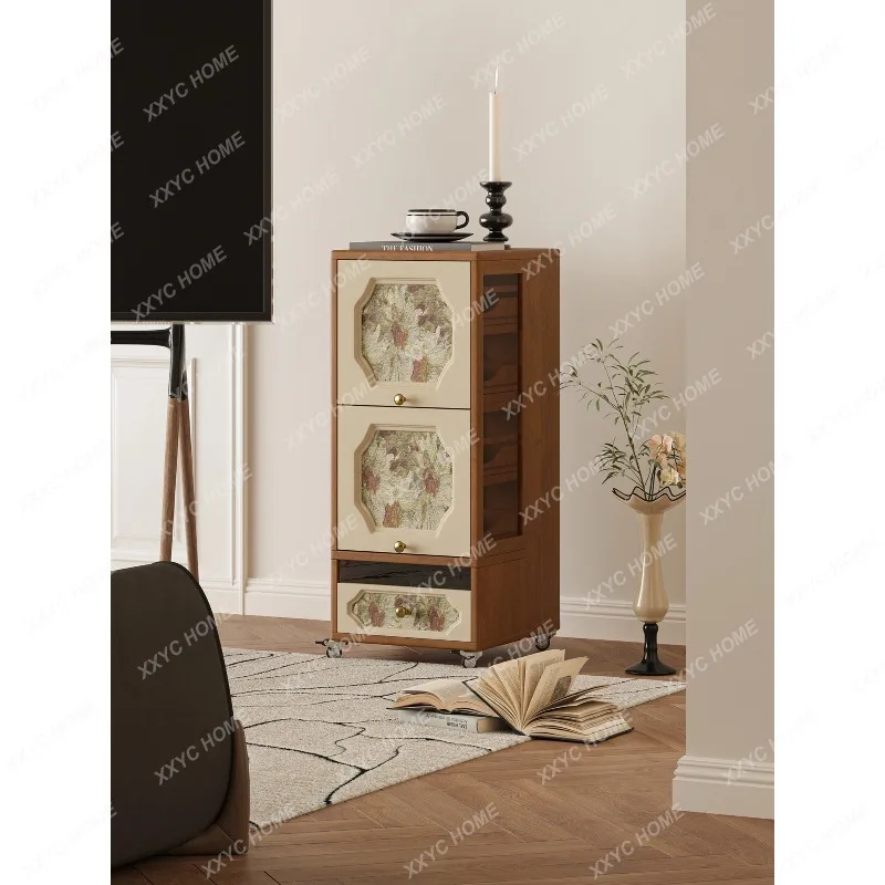 LMedieval style printed storage cabinet, living room sofa side solid wood storage cabinet