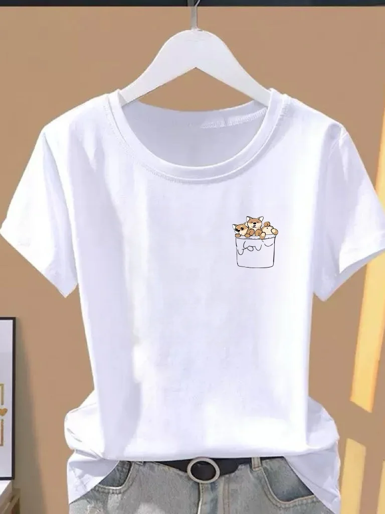 

Женская летняя тонкая футболка с коротким рукавом в корейском стиле с мультяшным принтом, модный омолаживающий топ с круглым вырезом из полиэфирного волокна