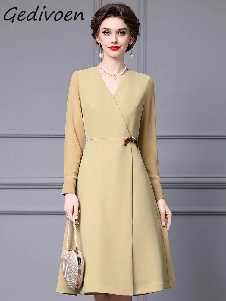 

Gedivoen Autumn Fashion Designer Yellow Vintage Party Dress Women's V Neck Long Sleeve Button High Waist Slim A-LINE Long Dress