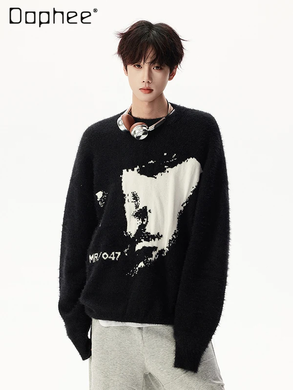 

2025 Spring and Autumn Men's High-end Jacquard Design Loose Casual Fashion Black Crew Neck Long Sleeve Knit Sweater