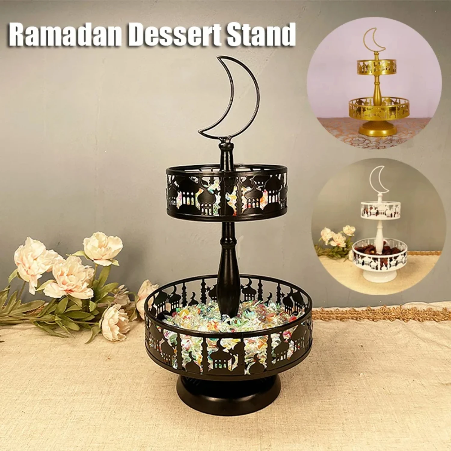 Two-Layer Ramadan Candy Fruit Tray Eid Mubarak Decorations Dessert Cupcake Stand Holder Dinner Plate for Eid Al-Fitr Party Decor