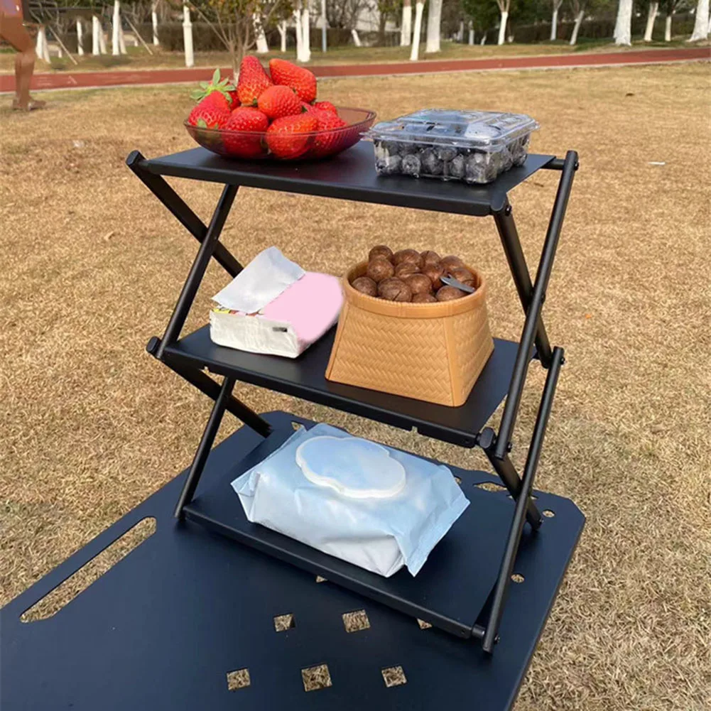 Carbon Steel Lightweight Three-Layer Storage Rack Outdoor Camping Home Organization 330x175x365mm Black Camping Furnishings