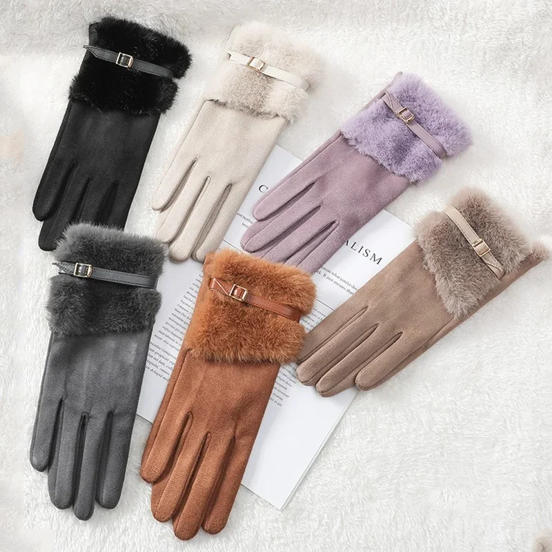 Classic Solid‑color Suede Texture Gloves Mittens Thick Warm Hand Protector Gloves Women Winter Casual Daily Outfit Matching Gear