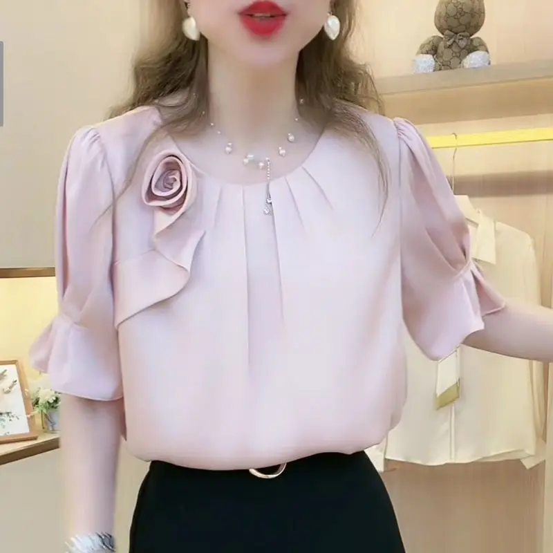 Summer Korean Elegant Female Solid Color Folds Spliced Blouse Fashion All-match Round Neck Short Sleeve Shirt Women\'s Clothing